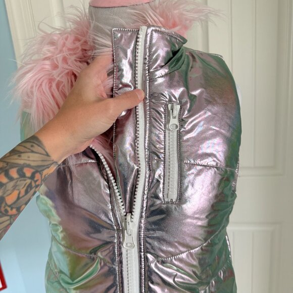 Dolls Kill Sugar Thrillz Reversible Pastel Pink Fur Shiny Silver Puffer Vest - Picture 11 of 14